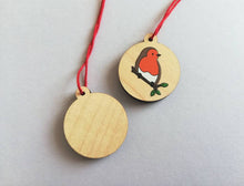 Load image into Gallery viewer, Small robin decoration. Tiny wooden Christmas tree ornament, environmentally friendly wood, choice of backing card, happy Christmas, memory