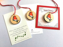 Load image into Gallery viewer, Small robin decoration. Tiny wooden Christmas tree ornament, environmentally friendly wood, choice of backing card, happy Christmas, memory
