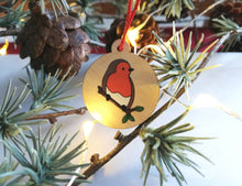 Load image into Gallery viewer, Small robin decoration. Tiny wooden Christmas tree ornament, environmentally friendly wood, choice of backing card, happy Christmas, memory
