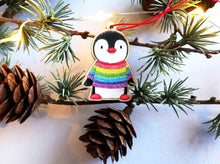 Load image into Gallery viewer, Penguin mini Christmas decoration. Rainbow jumper small wooden penguin. Christmas jumper, Cute Christmas tree ornament