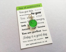 Load image into Gallery viewer, Pea of positivity stitch marker, cute happy, positive crochet gift, friendship, supportive, recycled acrylic, silver plated
