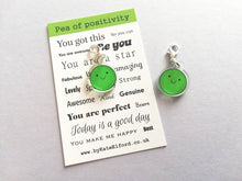 Load image into Gallery viewer, Pea of positivity stitch marker, cute happy, positive crochet gift, friendship, supportive, recycled acrylic, silver plated