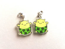 Load image into Gallery viewer, A little blob of luck stitch marker. Recycled acrylic charm with a silver plated lobster clasp. Blob is a happy little character wearing four leaf clover lucky pants.
