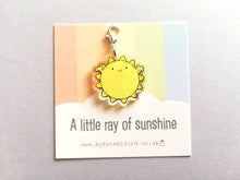 Load image into Gallery viewer, A little ray of sunshine stitch marker, cute positive charm, friendship, thank you, sunny, postable, supportive, happy recycled acrylic