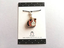 Load image into Gallery viewer, Guinea pig stitch marker, mini wooden cavy, ethically sourced wood, tri colour guinea pig charm