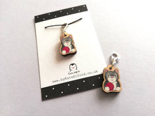 Load image into Gallery viewer, Cat stitch marker, mini wooden cat and wool, ethically sourced wood, crochet marker, cat charm