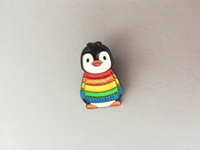 Load image into Gallery viewer, Rainbow glitter penguin soft enamel pin, Christmas rainbow penguin brooch. Rainbow jumper, boo the penguin