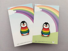 Load image into Gallery viewer, Rainbow glitter penguin soft enamel pin, Christmas rainbow penguin brooch. Rainbow jumper, boo the penguin