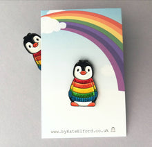 Load image into Gallery viewer, Rainbow glitter penguin soft enamel pin, Christmas rainbow penguin brooch. Rainbow jumper, boo the penguin