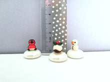 Load image into Gallery viewer, Miniature robin, pudding and snowman. Pottery and glass tiny ornament. Cute mini Christmas ornaments.