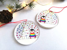 Load image into Gallery viewer, Penguin rainbow Christmas decoration. Recycled acrylic, Rainbow tree Christmas ornament, eco friendly