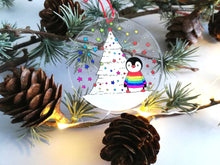 Load image into Gallery viewer, Penguin rainbow Christmas decoration. Recycled acrylic, Rainbow tree Christmas ornament, eco friendly