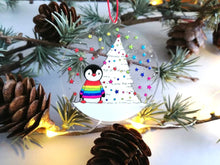 Load image into Gallery viewer, Penguin rainbow Christmas decoration. Recycled acrylic, Rainbow tree Christmas ornament, eco friendly