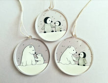 Load image into Gallery viewer, Polar bear and penguin recycled Christmas ornaments, set of three cute decorations, snow Christmas tree hangers