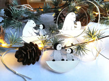 Load image into Gallery viewer, Polar bear and penguin recycled Christmas ornaments, set of three cute decorations, snow Christmas tree hangers