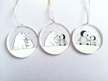 Load image into Gallery viewer, Polar bear and penguin recycled Christmas ornaments, set of three cute decorations, snow Christmas tree hangers
