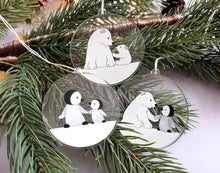Load image into Gallery viewer, Polar bear and penguin recycled Christmas ornaments, set of three cute decorations, snow Christmas tree hangers