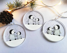 Load image into Gallery viewer, Recycled penguin decoration. Little penguins Christmas ornament, cute penguin friends in the snow