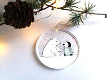 Load image into Gallery viewer, Penguin and polar bear decoration. Little recycled acrylic Christmas ornament, penguin and bear in the snow, eco friendly