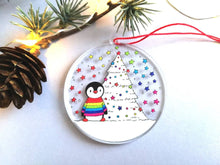 Load image into Gallery viewer, Penguin rainbow Christmas decoration. Recycled acrylic, Rainbow tree Christmas ornament, eco friendly
