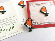 Load image into Gallery viewer, Little robin enamel pin, Christmas pin, memory robin, choice of backing cards