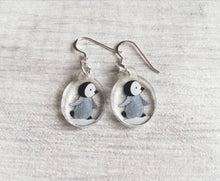 Load image into Gallery viewer, Penguin chick earrings, recycled acrylic, cute winter penguins, sterling silver hooks, grey penguin
