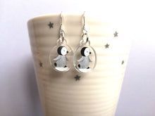 Load image into Gallery viewer, Penguin chick earrings, recycled acrylic, cute winter penguins, sterling silver hooks, grey penguin