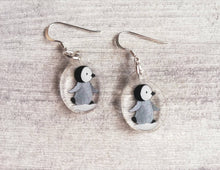 Load image into Gallery viewer, Penguin chick earrings, recycled acrylic, cute winter penguins, sterling silver hooks, grey penguin