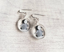 Load image into Gallery viewer, Penguin chick earrings, recycled acrylic, cute winter penguins, sterling silver hooks, grey penguin
