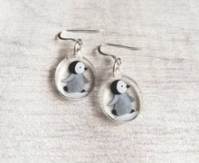 Load image into Gallery viewer, Penguin chick earrings, recycled acrylic, cute winter penguins, sterling silver hooks, grey penguin