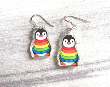 Load image into Gallery viewer, Penguin rainbow earrings, recycled acrylic, cute penguins, sterling silver hooks, penguins