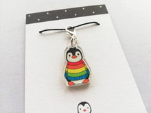 Load image into Gallery viewer, Rainbow penguin stitch marker, mini penguin recycled acrylic charm