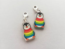 Load image into Gallery viewer, Rainbow penguin stitch marker, mini penguin recycled acrylic charm