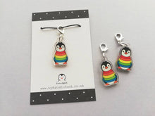 Load image into Gallery viewer, Rainbow penguin stitch marker, mini penguin recycled acrylic charm