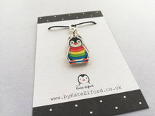 Load image into Gallery viewer, Rainbow penguin stitch marker, mini penguin recycled acrylic charm