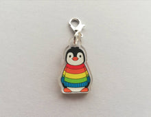 Load image into Gallery viewer, Rainbow penguin stitch marker, mini penguin recycled acrylic charm