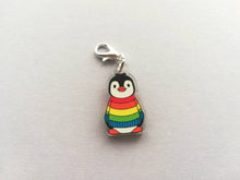 Load image into Gallery viewer, Rainbow penguin stitch marker, mini penguin recycled acrylic charm
