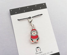 Load image into Gallery viewer, Penguin stitch marker, red hat and jumper, penguin recycled acrylic charm