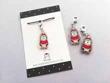 Load image into Gallery viewer, Penguin stitch marker, red hat and jumper, penguin recycled acrylic charm
