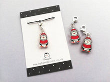 Load image into Gallery viewer, Penguin stitch marker, red hat and jumper, penguin recycled acrylic charm