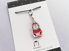 Load image into Gallery viewer, Penguin stitch marker, red hat and jumper, penguin recycled acrylic charm