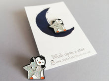 Load image into Gallery viewer, Little penguin and star pin. Penguin glitter enamel pin.