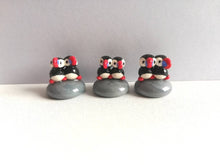 Load image into Gallery viewer, Miniature puffins. Pottery and glass tiny ornament. Cute mini pair of puffins
