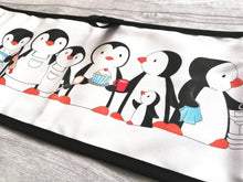 Load image into Gallery viewer, Kitchen penguins double oven gloves. Pot holder. Chef, baking, mixing bowl, cup cake, washing up, aprons and cup of tea
