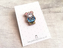 Load image into Gallery viewer, Little mouse wooden pin brooch, autumn, winter cute little mouse badge. Responsibly resourced wood. Mice, duffle coat and wellies