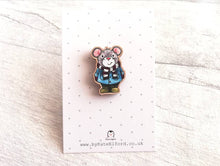Load image into Gallery viewer, Little mouse wooden pin brooch, autumn, winter cute little mouse badge. Responsibly resourced wood. Mice, duffle coat and wellies