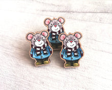 Load image into Gallery viewer, Little mouse wooden pin brooch, autumn, winter cute little mouse badge. Responsibly resourced wood. Mice, duffle coat and wellies