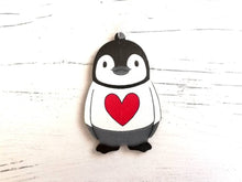 Load image into Gallery viewer, Penguin love heart decoration. Little wooden penguin tag, Red heart Christmas ornament
