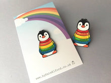Load image into Gallery viewer, Rainbow glitter penguin soft enamel pin, Christmas rainbow penguin brooch. Rainbow jumper, boo the penguin