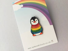 Load image into Gallery viewer, Rainbow glitter penguin soft enamel pin, Christmas rainbow penguin brooch. Rainbow jumper, boo the penguin